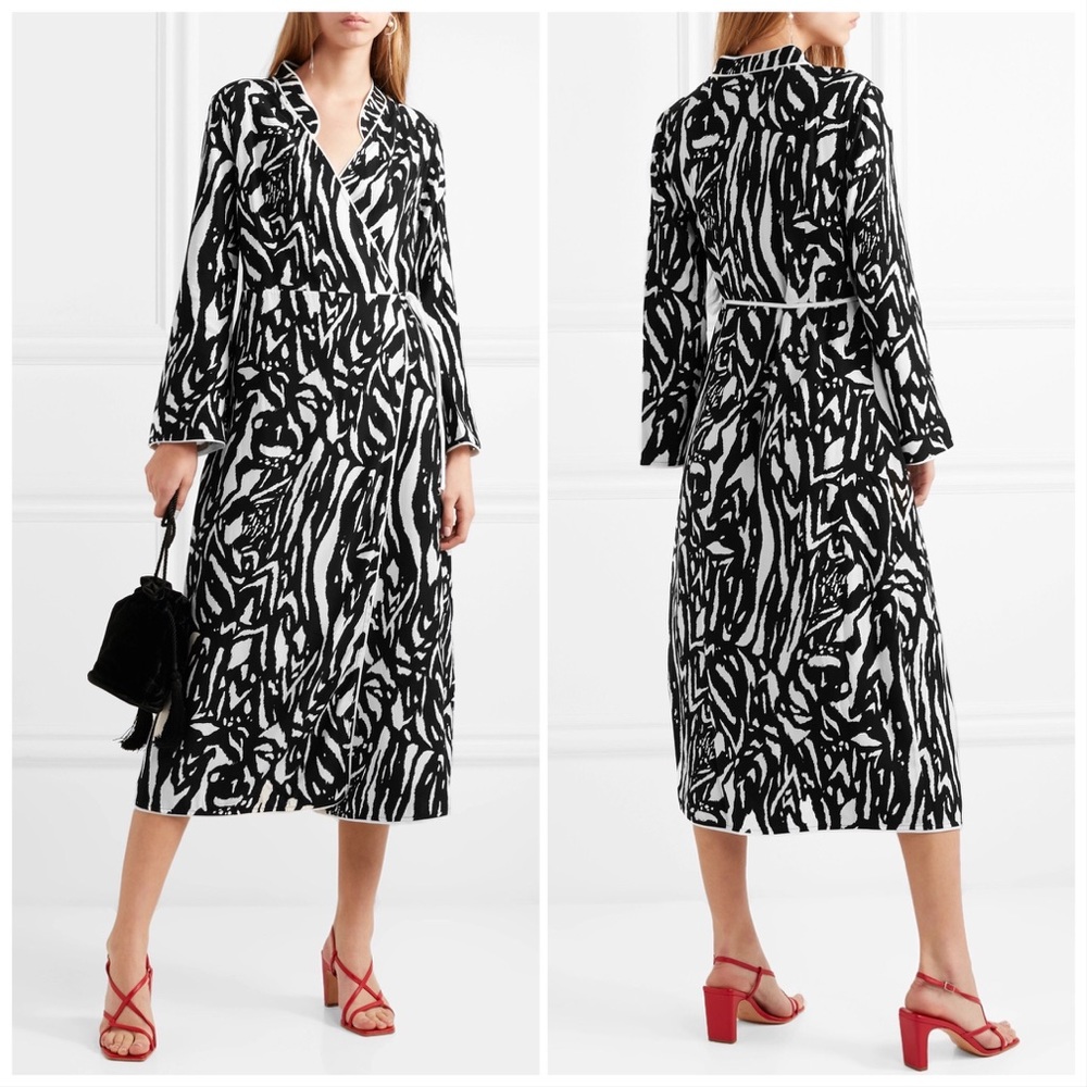 RIXO Black and White Wrap Midi Dress